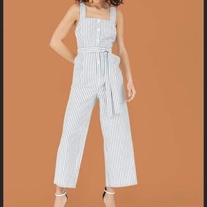 Cotton Striped Button Wide Leg Jumpsuit